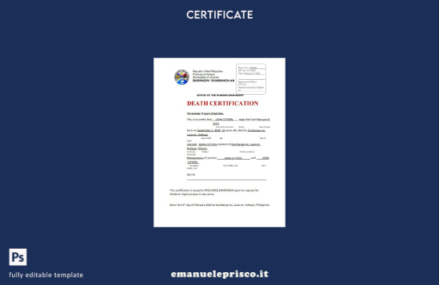 stile verificato Comune filippino di Laua, un modello di certificato di morte de