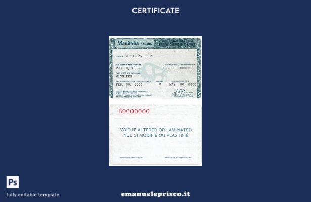 stile verificato Modello PSD del certificato di nascita del Canada Manitoba Mode