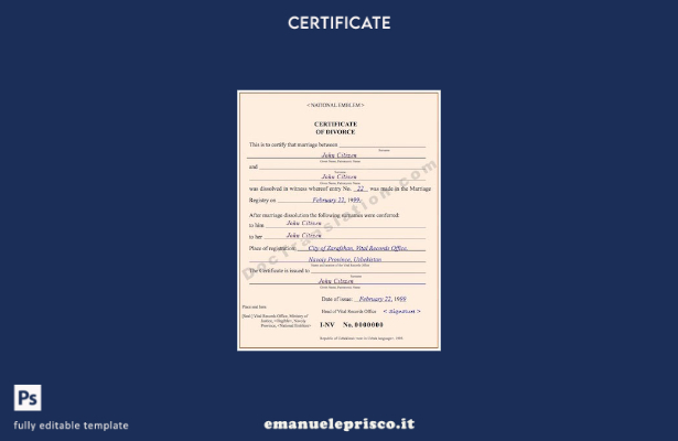 stile verificato Modello di certificato di divorzio dell'ufficio degli atti an 1