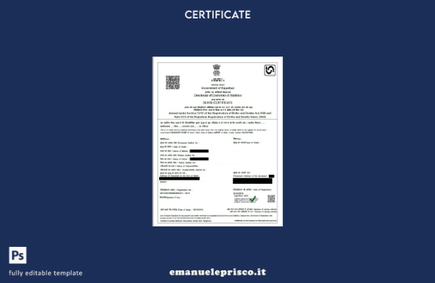 stile verificato Modello di certificato di morte del governo indiano del Rajasth