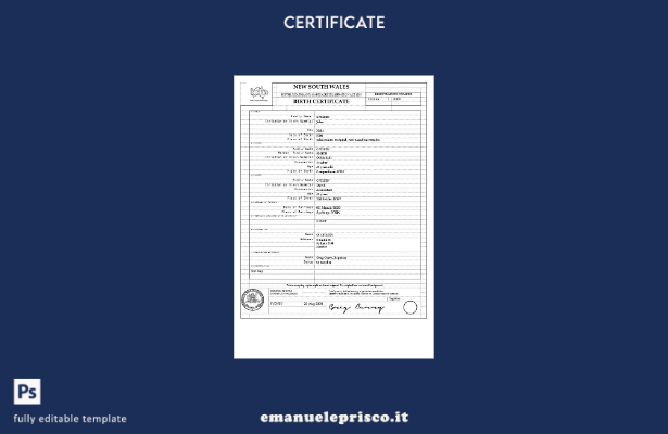 stile verificato Modello di certificato di nascita Australia Nuovo Galles del 1
