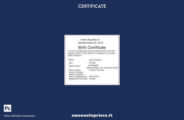 stile verificato Modello di certificato di nascita del governo indiano di J. & K