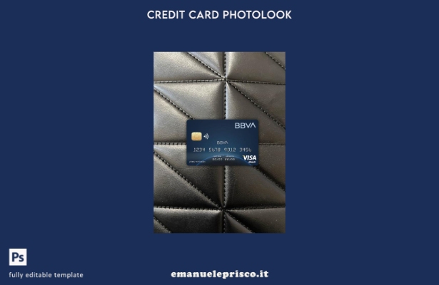 modello frontale photolook con carta visto bancario Colombia BBVA in stile verif