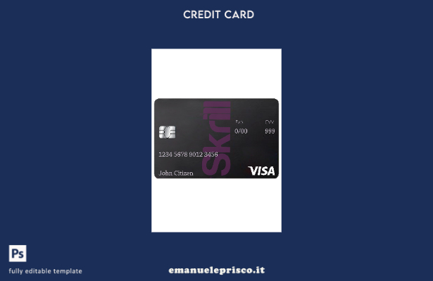 Modello di carta di debito Skrill Visa stile verificato in formato PSD, modello