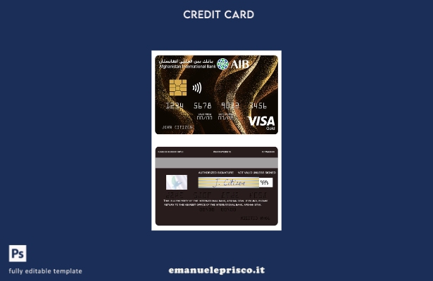 modello di carta di credito oro visto bancario internazionale stile Afghanistan