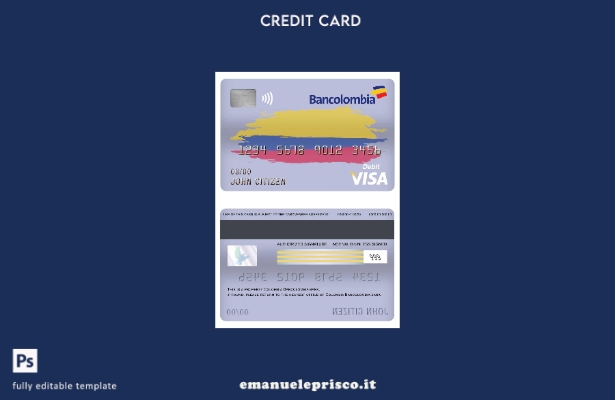 modello di carta di debito visto bancario Colombia Bancolombia stile verificato