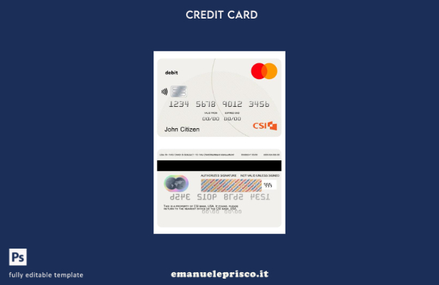 modello di carta mastercard di addebito bancario USA CSI in stile verificato