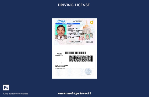 verified style modello di patente di guida USA Iowa in stile verificato template