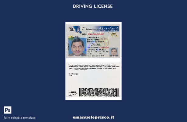 verified style modello di patente di guida USA Maryland in stile verificato template