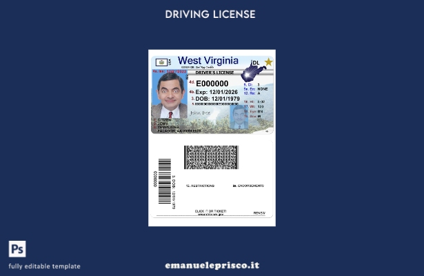 verified style modello di patente di guida USA West Virginia in stile verificato template