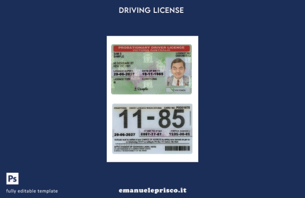 verified style stile verificato Modello di patente di guida in prova dello stato Australia Vict template
