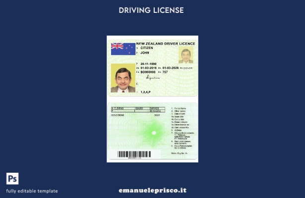 verified style stile verificato modello di patente di guida verde NUOVA ZELANDA (completamente template