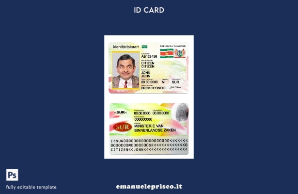 modello di carta d'identità del Suriname in stile verificato