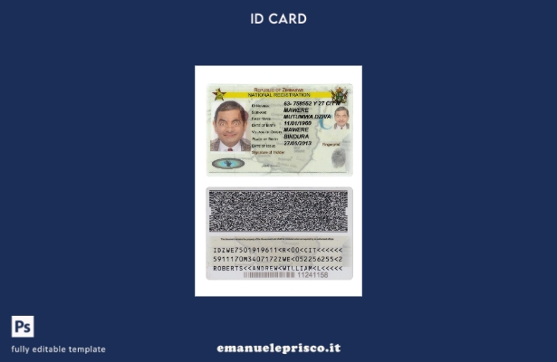 modello di carta d'identità di registrazione nazionale dello Zimbabwe in stile v
