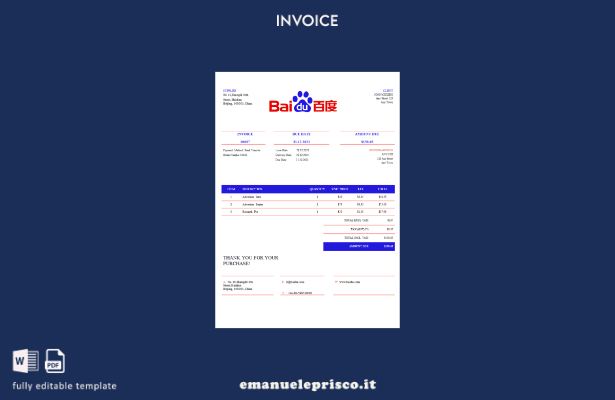 Modello di fattura Baidu USA in stile verificato