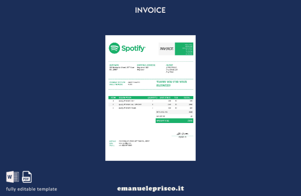 Modello di fattura Spotify USA in stile verificato