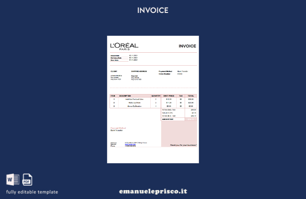 Modello di fattura USA L'Oreal Paris in stile verificato