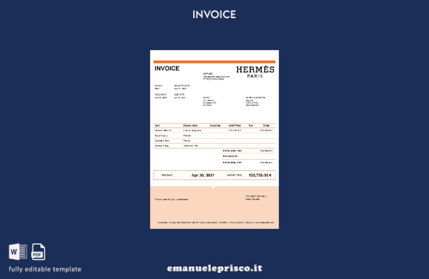 modello di fattura Hermes USA in stile verificato