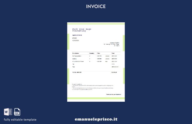 modello di fattura per consulenza USA Pack Your Bags in stile verificato