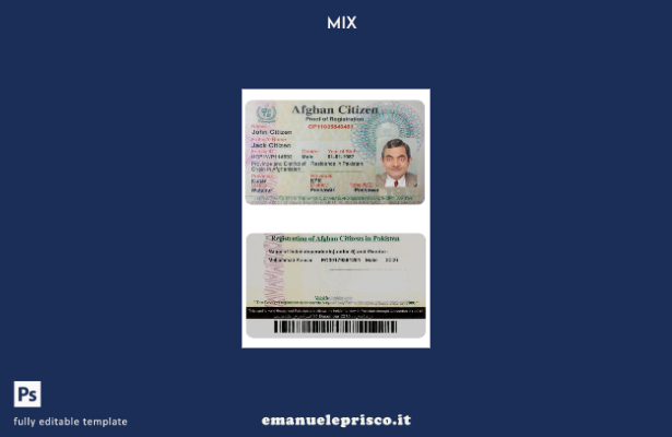 modello PSD di prova della carta di registrazione del cittadino afghano in stile