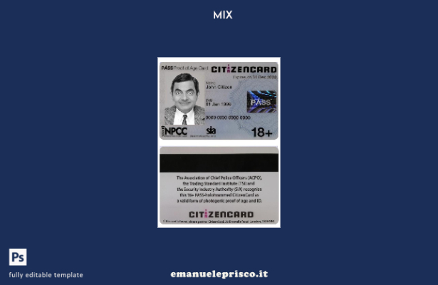 modello United Kingdom Pass CitizenCard (carta di prova dell'età) in stile verif