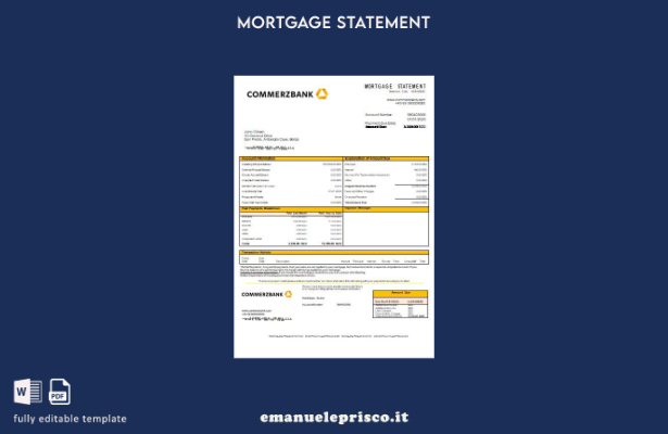 modello di estratto conto del mutuo bancario della Commerzbank Belize in stile v
