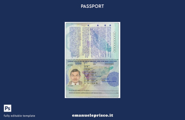 Modello di passaporto del Regno Unito in stile verificato in formato PSD, comple