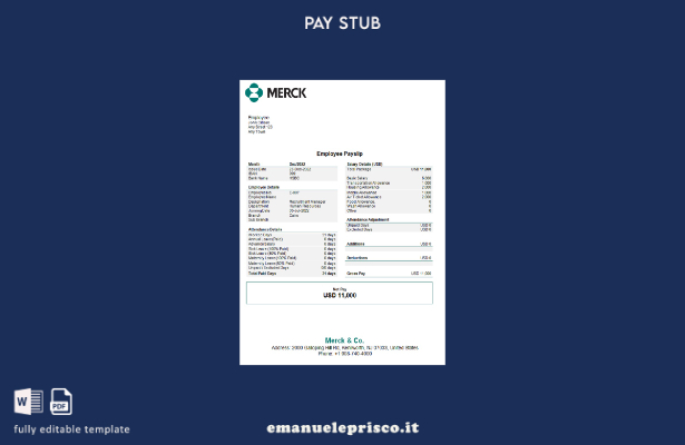 modello di busta paga dell'azienda farmaceutica USA Merck & Co. in stile verific