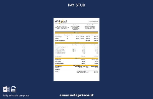 modello di busta paga della società commerciale USA Whirlpool Corporation in sti