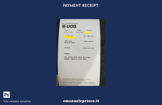 modello di ricevuta di deposito bancario Singapore Uob in stile verificato