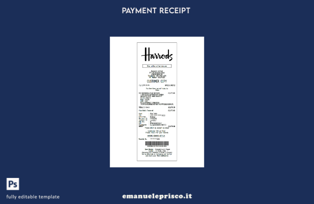modello di ricevuta di pagamento Harrods in stile verificato