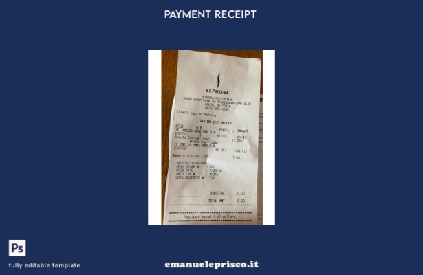modello di ricevuta di pagamento del negozio Sephora in stile verificato