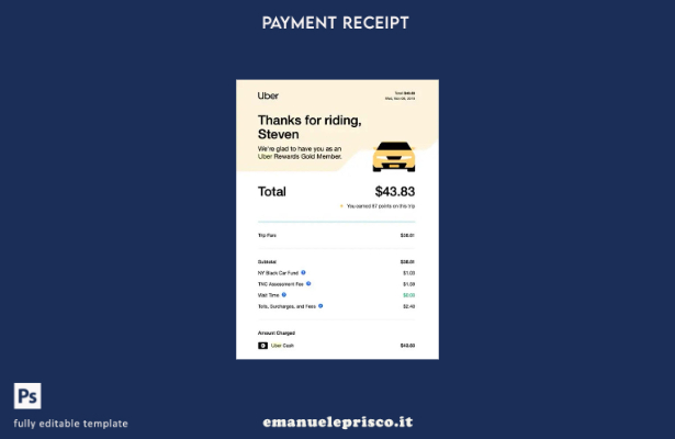 modello di ricevuta di pagamento del servizio Uber in stile verificato