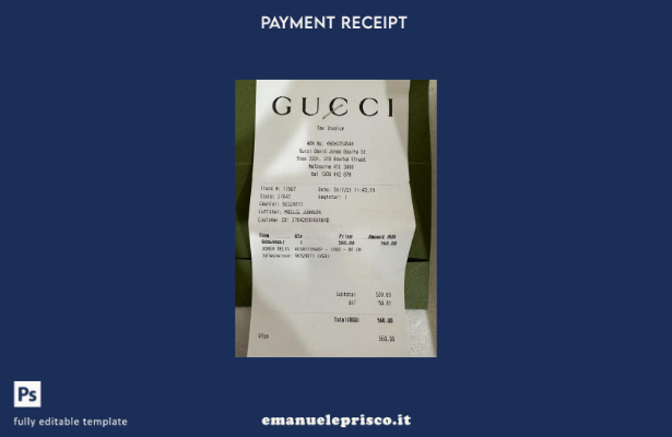 modello di ricevuta di pagamento dell'azienda di moda Gucci in stile verificato