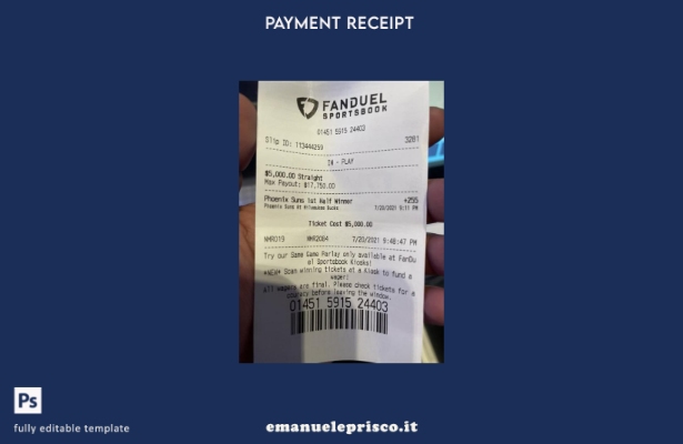 modello di ricevuta di pagamento delle scommesse sportive Fanduel in stile verif