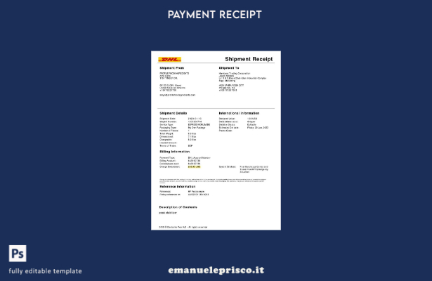 modello di ricevuta di spedizione del servizio DHL in stile verificato