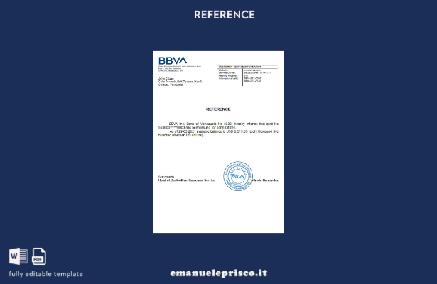 modello di riferimento bancario Venezuela BBVA in stile verificato
