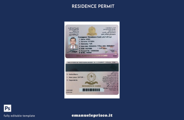 modello di carta di soggiorno in stile verificato in Iraq (Kurdistan).