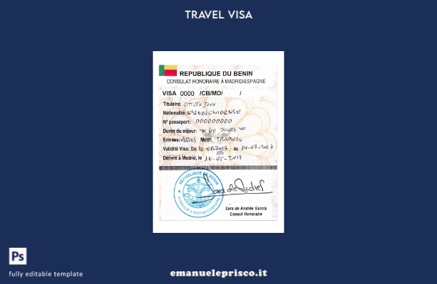 modello di visto di viaggio per il Benin in stile verificato