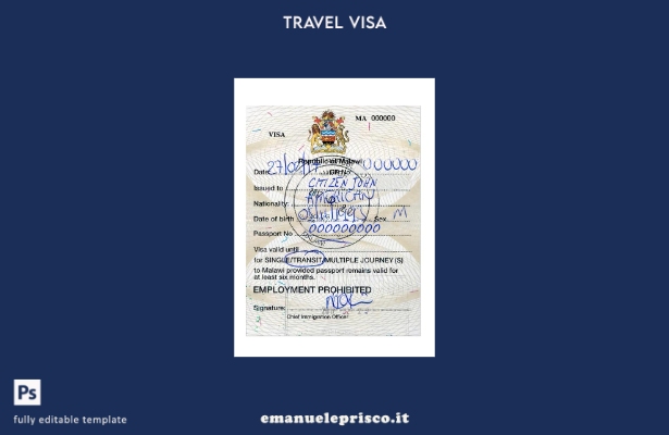 modello di visto di viaggio per il Malawi in stile verificato