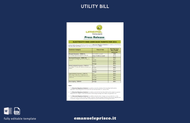 modello di bolletta delle utenze UMEME stile verificato Uganda