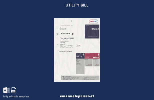 modello di bolletta elettrica Npower del Regno Unito in stile verificato