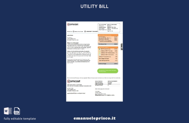 modello di versione word della bolletta delle utenze Comcast USA Utah stile ve 1