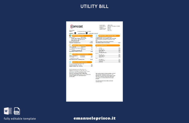 modello di versione word della bolletta delle utenze Comcast USA Utah stile veri