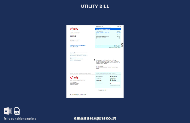 modello di versione word della bolletta delle utenze USA Xfinity in stile verifi