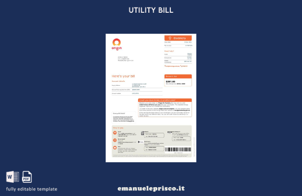 modello di versione word della bolletta elettrica Australia Origin Energy in sti
