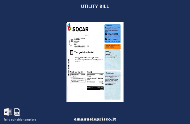 modello word di bolletta del gas dell'Azerbaigian Socar in stile verificato